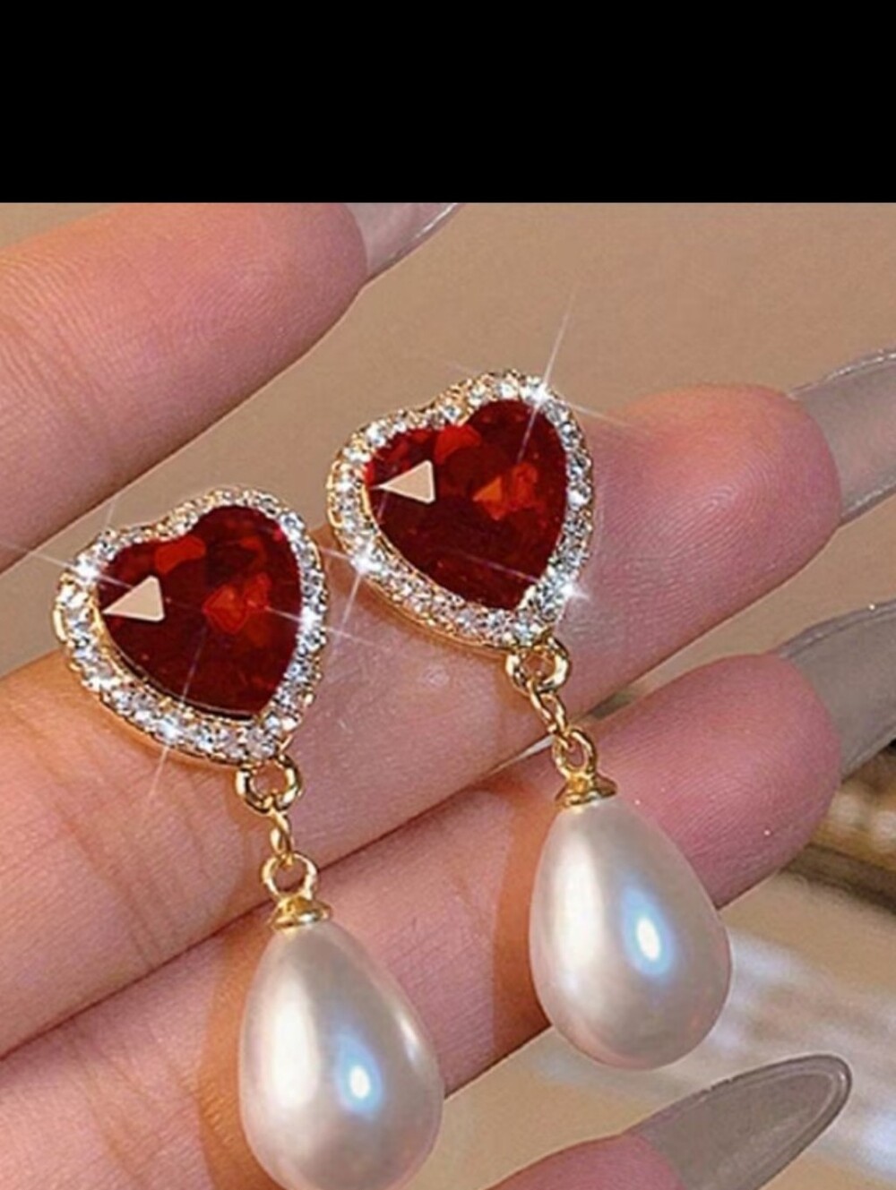 RED GARNET HEART PEARL TEARDROP TANGLE EARRINGS OFFERS WELCOME 1 1/2 IN